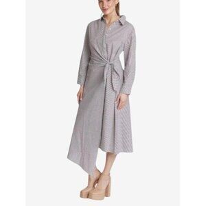 Taylor Tillman Samantha Dress M Brown Striped Cotton Long Sleeve Belted Midi